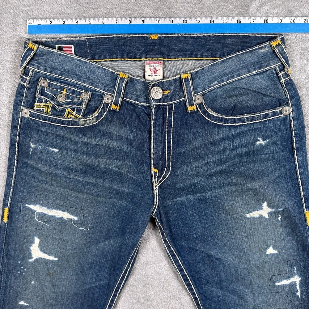True Religion Jeans Mens 38x34 Ricky Super T Straight Leg Blue Distressed Denim